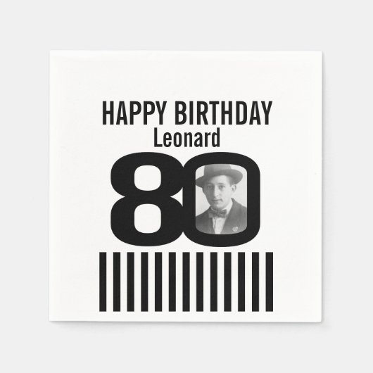 白黒80歳の誕生日ストライプ写真ナプキン スタンダードカクテルナプキン (正面)