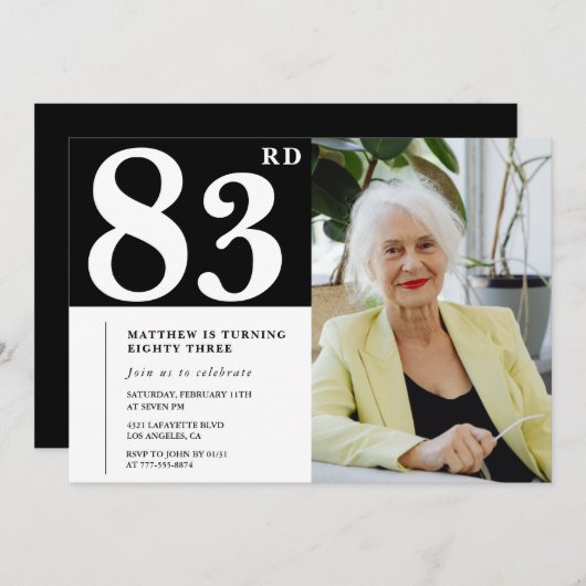 白黒83歳の誕生日招待状写真 招待状 (正面/裏面)