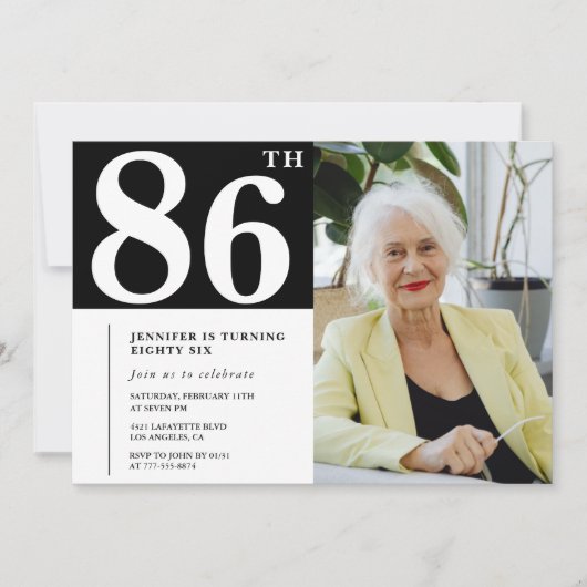 白黒86歳の誕生日招待状写真 招待状 (正面)