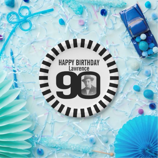 白黒90歳の誕生日の写真とストライプ ペーパープレート (パーティー)