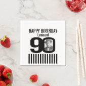 白黒90歳の誕生日ストライプ写真ナプキン スタンダードカクテルナプキン (インサイチュ)