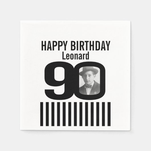白黒90歳の誕生日ストライプ写真ナプキン スタンダードカクテルナプキン (正面)