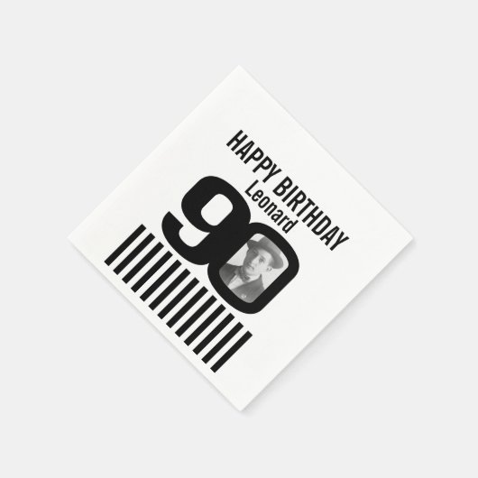 白黒90歳の誕生日ストライプ写真ナプキン スタンダードカクテルナプキン (角)