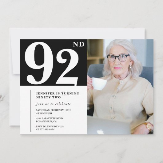 白黒92歳の誕生日招待状写真 招待状 (正面)