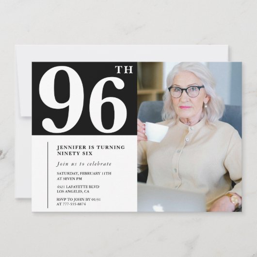 白黒96歳の誕生日招待状写真 招待状 (正面)