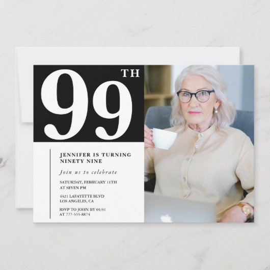 白黒99歳の誕生日招待状写真 招待状 (正面)