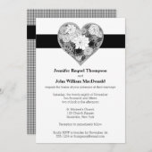 |白黒|の花柄|のハートの結婚 招待状 (正面/裏面)