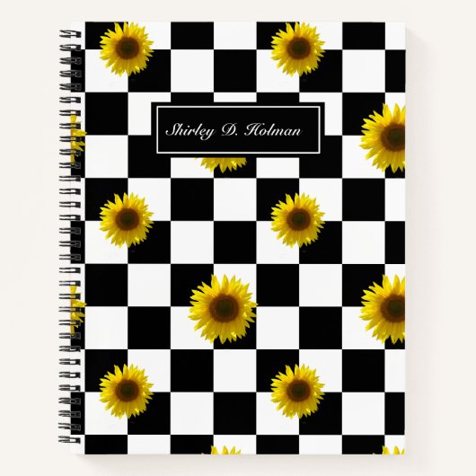 白黒&ひまわり市松模様にのプリント ノートブック (正面)