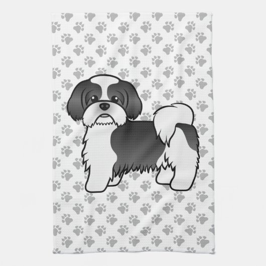 白黒 シシー 甘い漫画の犬 キッチンタオル (縦)