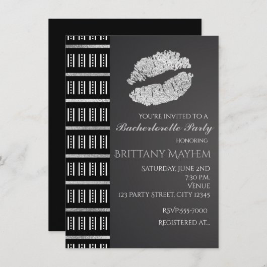 白黒&シルバーフェイクきらめくリップキスパーティー 招待状 (正面/裏面)