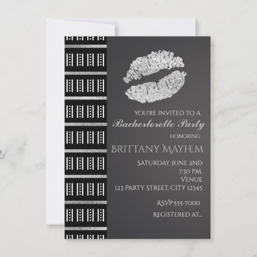 白黒&シルバーフェイクきらめくリップキスパーティー 招待状 (正面)