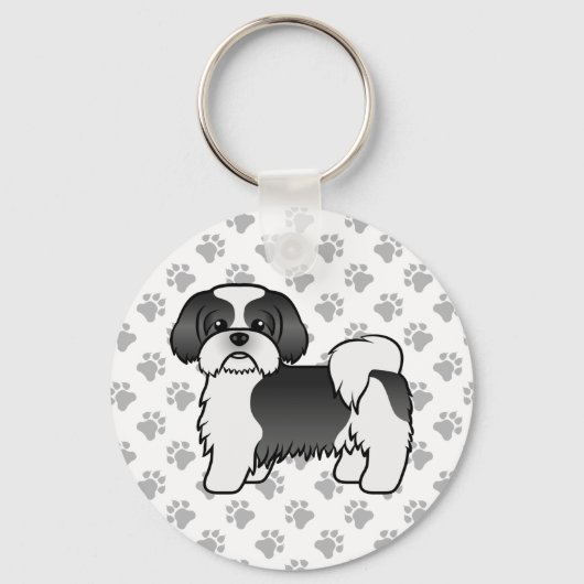 白黒 シ Shih Tzu かわいい カートゥーン 犬 キーホルダー (正面)