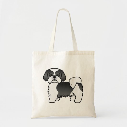 白黒 シ Shih Tzu かわいい カートゥーン 犬 トートバッグ (正面)