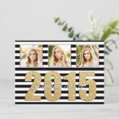 白黒、ストライプのグリッター金ゴールド卒業 案内状 (スタンド正面)