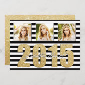 白黒、ストライプのグリッター金ゴールド卒業 案内状 (正面/裏面)