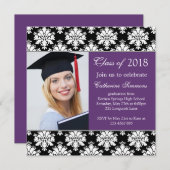 白黒·ダマスク·パープル卒業パーティー 招待状 (正面/裏面)