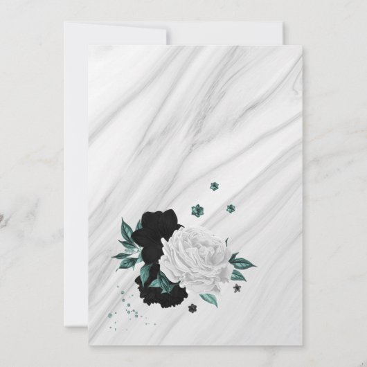 白黒&ティール（緑がかった色）ブルーフローラ誕生日パーティー 招待状 (裏面)