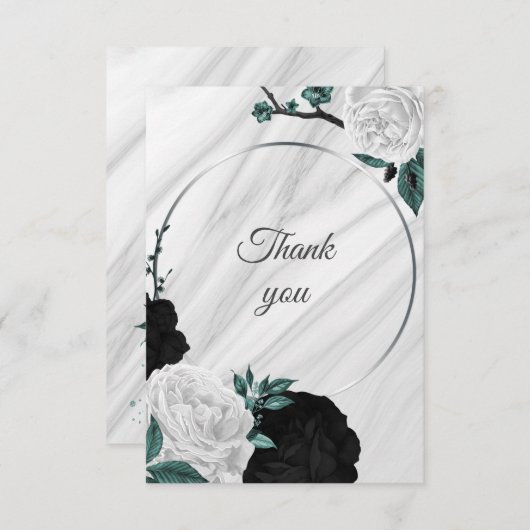 白黒&ティール(緑がかった色)植物大理石 サンキューカード (正面/裏面)