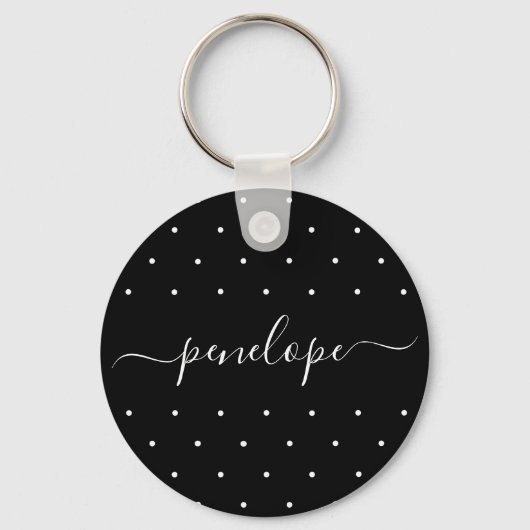 白黒（ドットと名前の付き）タイポグラフィ キーホルダー (正面)