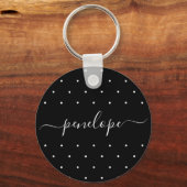 白黒（ドットと名前の付き）タイポグラフィ キーホルダー (正面)