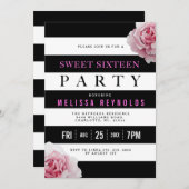 白黒&ピンクローゼズスウィート16パーティー 招待状 (正面/裏面)