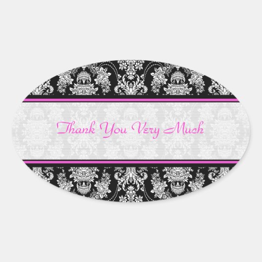 白黒&ピンクヴィンテージバロック花柄 楕円形シール (正面)