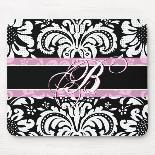 白黒&ピンクヴィンテージフローラダマスクパターン マウスパッド (正面)