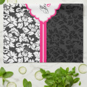 白黒&ピンクヴィンテージフローラダマスク キッチンタオル (折り畳み)