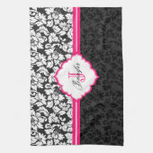 白黒&ピンクヴィンテージフローラダマスク キッチンタオル (縦)