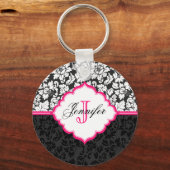 白黒&ピンクヴィンテージフローラダマスク キーホルダー (正面)