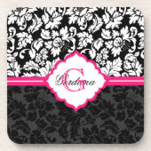 白黒&ピンクヴィンテージフローラダマスク コースター (正面)