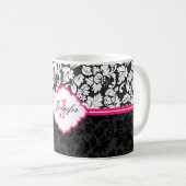 白黒&ピンクヴィンテージフローラダマスク コーヒーマグカップ (正面右)