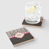 白黒&ピンクヴィンテージフローラダマスク ストーンコースター (横)