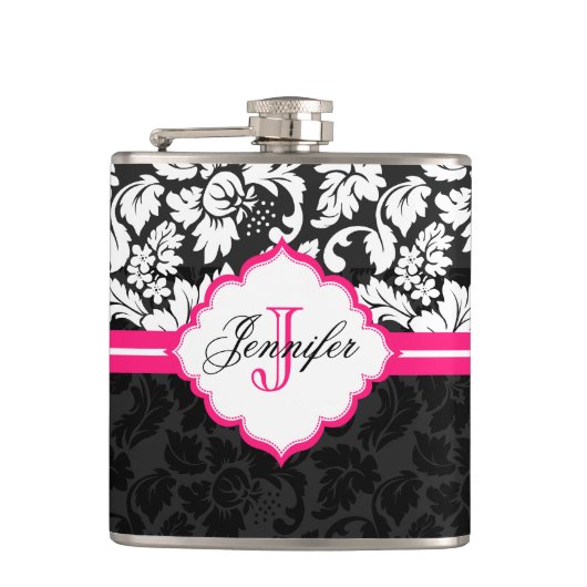 白黒&ピンクヴィンテージフローラダマスク フラスク (正面)