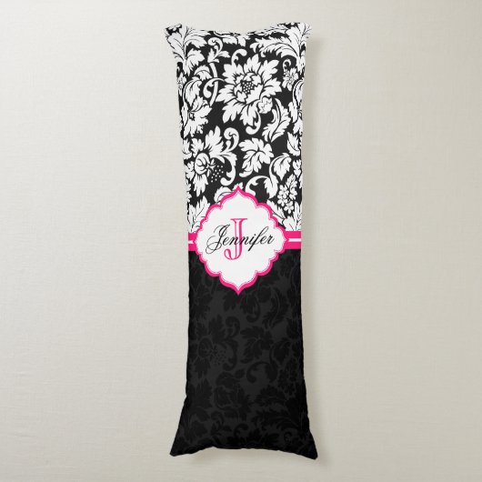 白黒&ピンクヴィンテージフローラダマスク ボディピロー (正面縦)