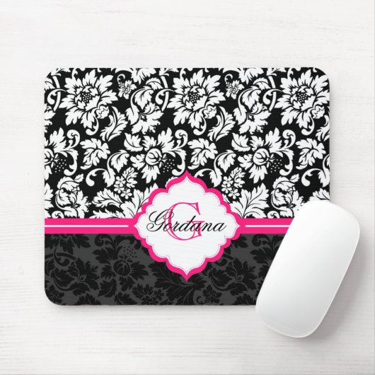 白黒&ピンクヴィンテージフローラダマスク マウスパッド (マウス)