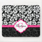 白黒&ピンクヴィンテージフローラダマスク マウスパッド (正面)