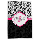 白黒&ピンクヴィンテージフローラダマスク ミディアムペーパーバッグ (正面)