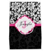 白黒&ピンクヴィンテージフローラダマスク ミディアムペーパーバッグ (裏面)