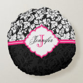 白黒&ピンクヴィンテージフローラダマスク ラウンドクッション (裏面)