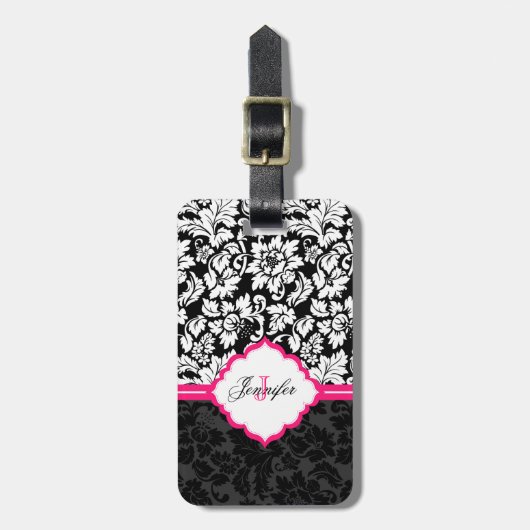 白黒&ピンクヴィンテージフローラダマスク ラゲッジタグ (正面縦)