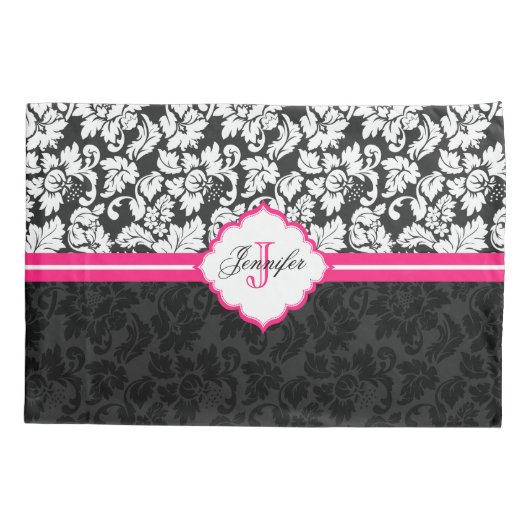 白黒&ピンクヴィンテージフローラダマスク 枕カバー (裏面)