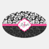 白黒&ピンクヴィンテージフローラダマスク 楕円形シール (正面)