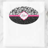 白黒&ピンクヴィンテージフローラダマスク 楕円形シール (バッグ)