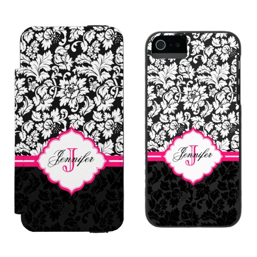白黒&ピンクヴィンテージフローラダマスク INCIPIO iPhoneウォレットケース (並び)