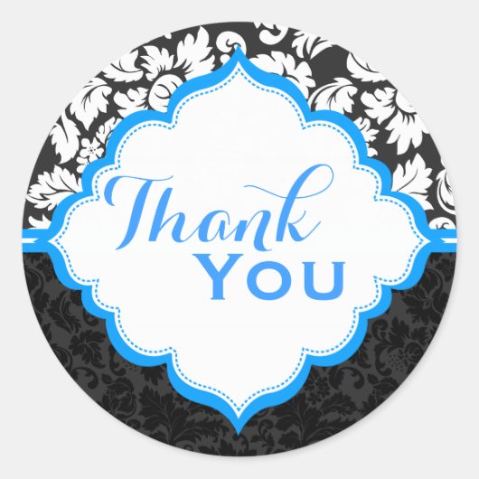 白黒&ブルーヴィンテージフローラダマスク2 ラウンドシール (正面)