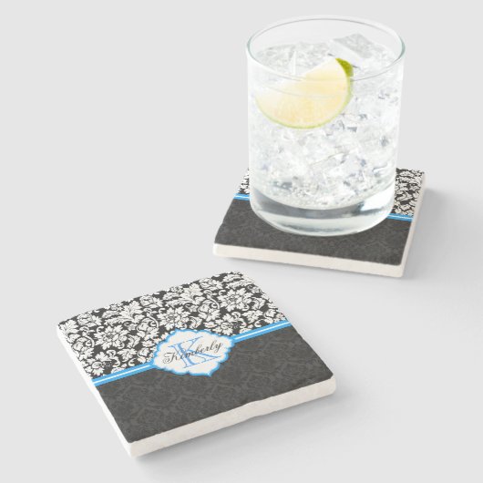 白黒&ブルーヴィンテージフローラダマスク ストーンコースター (横)
