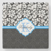 白黒&ブルーヴィンテージフローラダマスク ストーンコースター (正面)