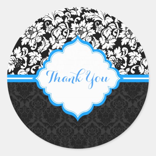 白黒&ブルーヴィンテージフローラダマスク ラウンドシール (正面)