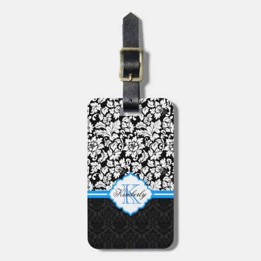 白黒&ブルーヴィンテージフローラダマスク ラゲッジタグ (正面縦)